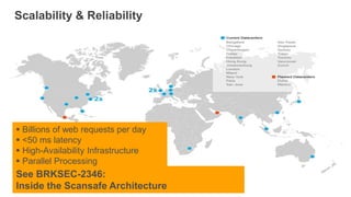 Scalability & Reliability




 Billions of web requests per day
 <50 ms latency
 High-Availability Infrastructure
 Parallel Processing
See BRKSEC-2346:
Inside the Scansafe Architecture
 