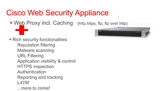 Cisco Web Security Appliance
 Web Proxy incl. Caching              (http,https, ftp, ftp over http)



 Rich security functionalities
    Reputation filtering
    Malware scanning
    URL Filtering
    Application visibility & control
    HTTPS inspection
    Authentication
    Reporting and tracking
    L4TM
    ...more to come!
 