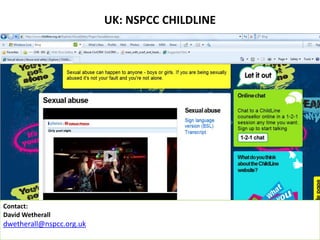 Contact:
David Wetherall
dwetherall@nspcc.org.uk
UK: NSPCC CHILDLINE
 