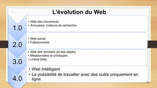 1.0
• Web des documents
• Annuaires, moteurs de recherche
2.0
• Web social
• Folksonomies
3.0
• Web des données (et des objets)
• Métadonnées et ontologies
• Linked Data
L’évolution du Web
4.0
• Web Intélligent
• La possibilité de travailler avec des outils uniquement en
ligne
 