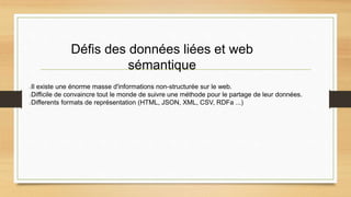Défis des données liées et web
sémantique
Il existe une énorme masse d'informations non-structurée sur le web.
Difficile de convaincre tout le monde de suivre une méthode pour le partage de leur données.
Differents formats de représentation (HTML, JSON, XML, CSV, RDFa ...)
 