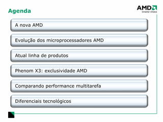 Agenda A nova AMD Evolução dos microprocessadores AMD Phenom X3: exclusividade AMD Comparando performance multitarefa Diferenciais tecnológicos Atual linha de produtos 