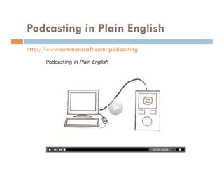 Podcasting in Plain English
http://www.commoncraft.com/podcasting
 