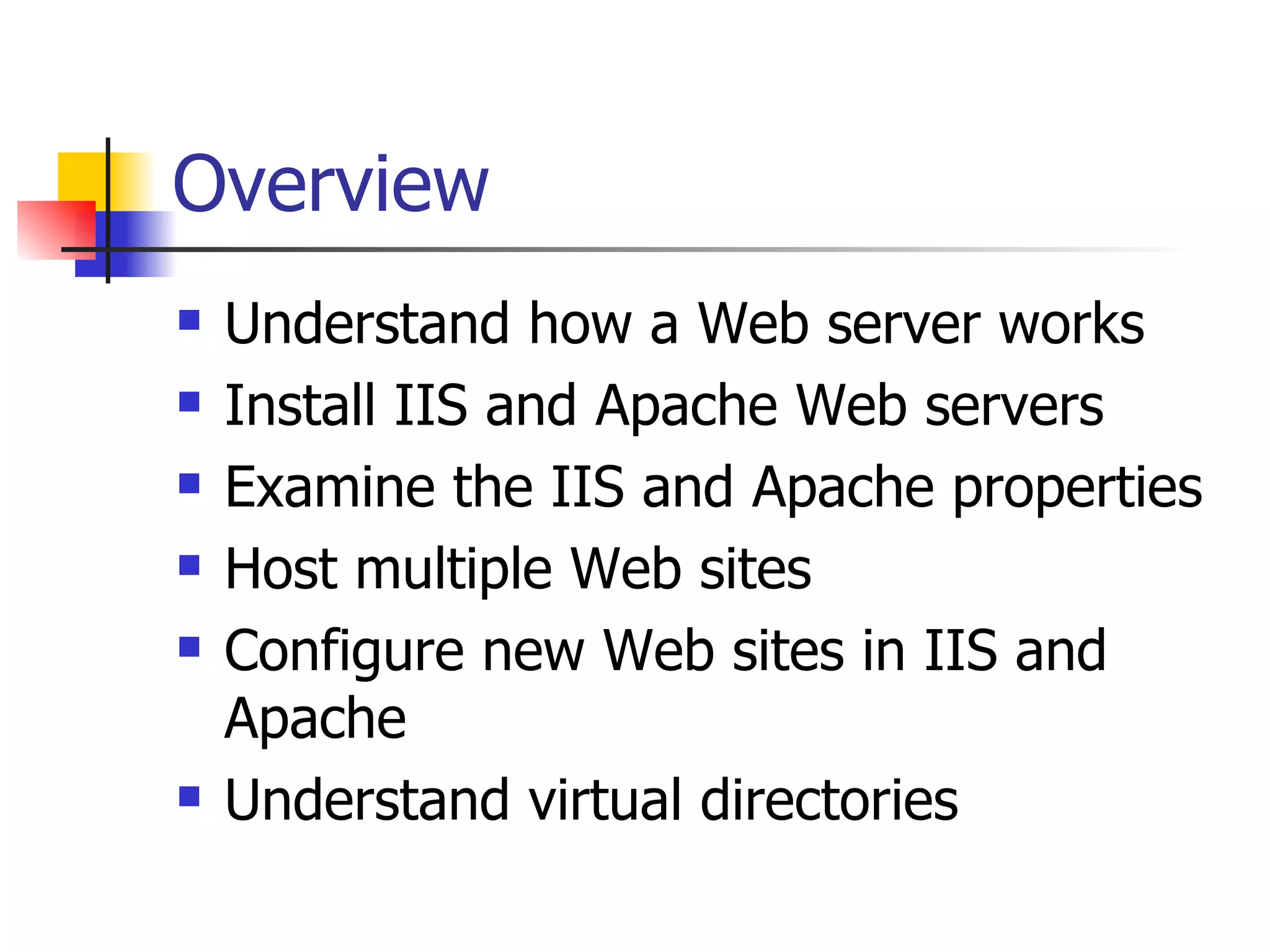 Overview Understand how a Web server works Install IIS and Apache Web servers Examine the IIS and Apache properties Host multiple Web sites Configure new Web sites in IIS and Apache Understand virtual directories 