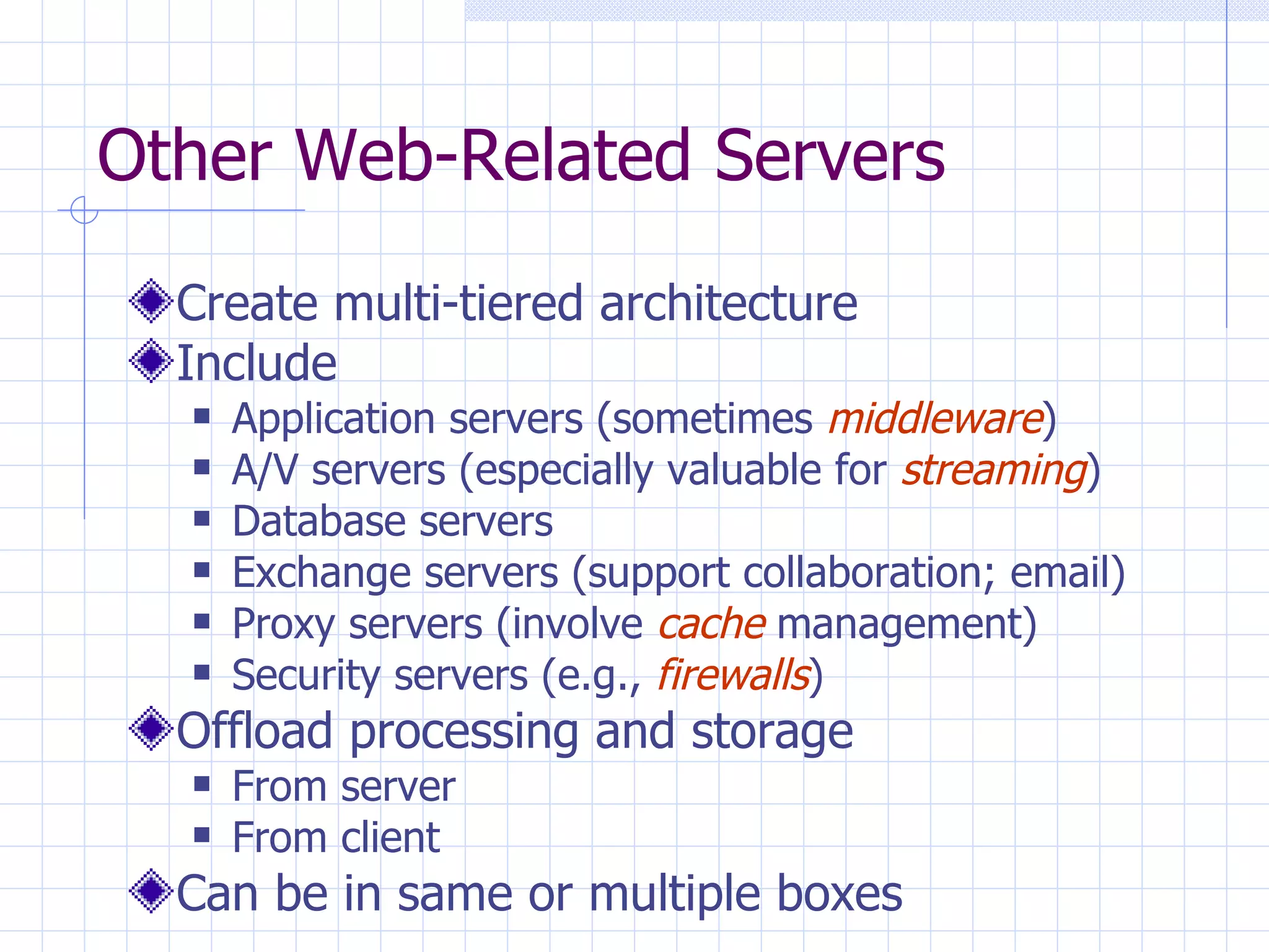 Other Web-Related Servers Create multi-tiered architecture Include Application servers (sometimes  middleware ) A/V servers (especially valuable for  streaming ) Database servers Exchange servers (support collaboration; email) Proxy servers (involve  cache  management) Security servers (e.g.,  firewalls ) Offload processing and storage From server From client Can be in same or multiple boxes 