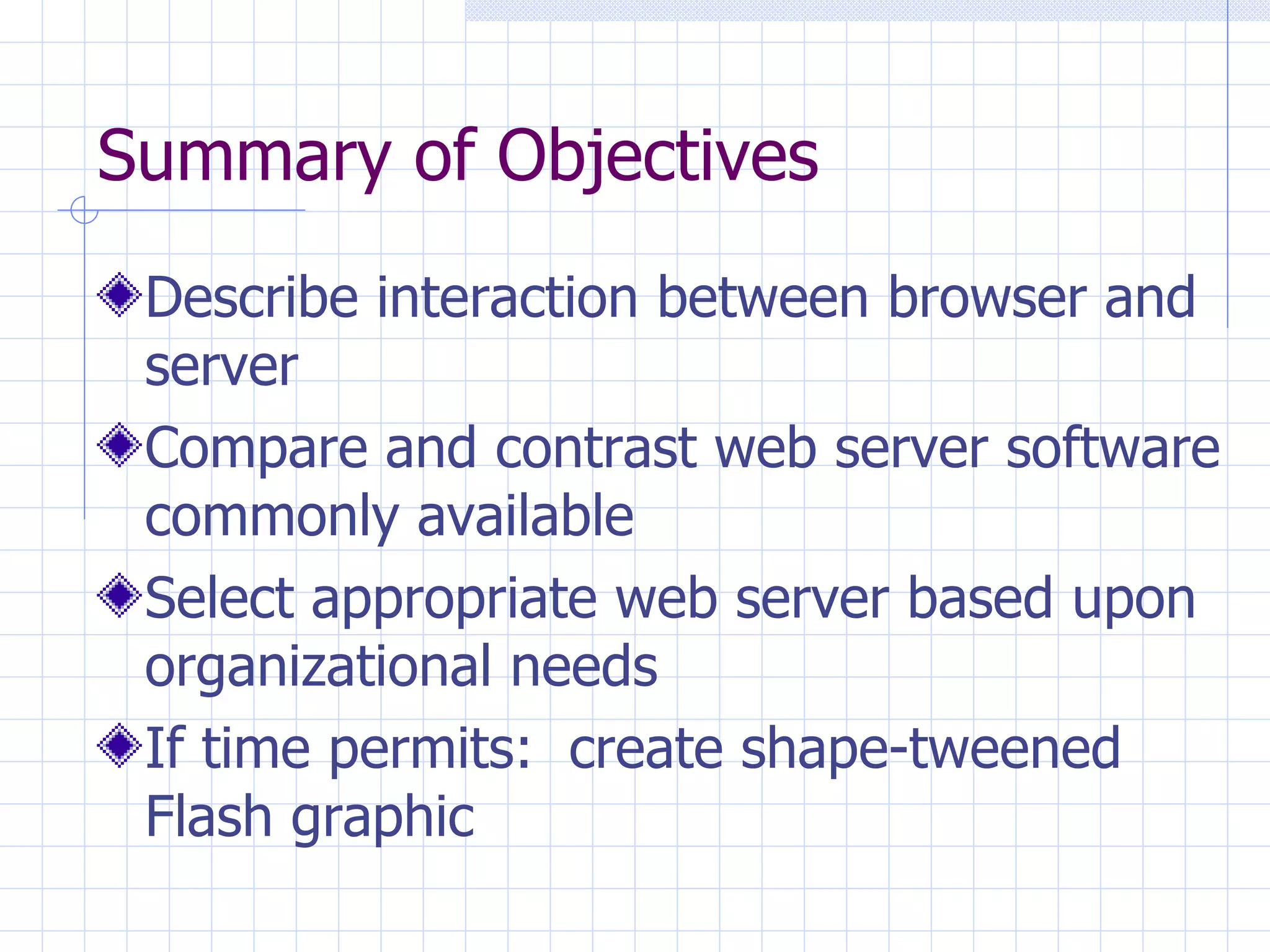 Summary of Objectives Describe interaction between browser and server Compare and contrast web server software commonly available Select appropriate web server based upon organizational needs If time permits:  create shape-tweened Flash graphic 