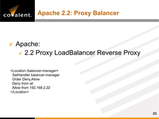 Apache 2.2: Proxy Balancer




   Apache:
     2.2 Proxy LoadBalancer Reverse Proxy

<Location /balancer-manager>
 SetHandler balancer-manager
 Order Deny,Allow
 Deny from all
 Allow from 192.168.2.22
</Location>




                                            23
 
