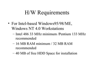 H/W Requirements For Intel-based Windows95/98/ME, Windows NT 4.0 Workstations Intel 486 33 MHz minimum /Pentium 133 MHz recommended 16 MB RAM minimum / 32 MB RAM recommended 40 MB of free HDD Space for installation 