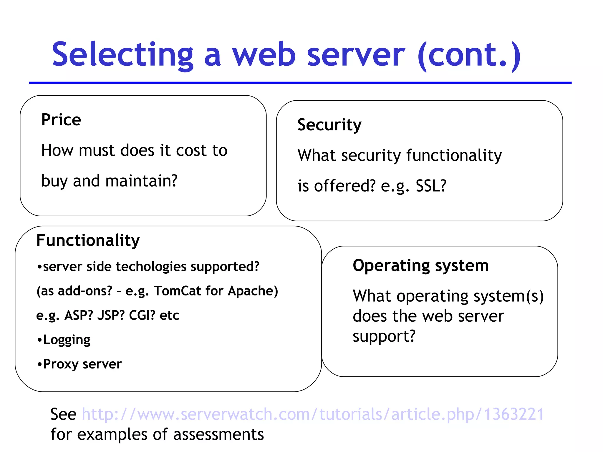 Selecting a web server (cont.) See  http://www.serverwatch.com/tutorials/article.php/1363221 for examples of assessments Functionality server side techologies supported?  (as add-ons? – e.g. TomCat for Apache) e.g. ASP? JSP? CGI? etc Logging Proxy server  Price How must does it cost to  buy and maintain? Operating system What operating system(s) does the web server support?  Security What security functionality is offered? e.g. SSL? 