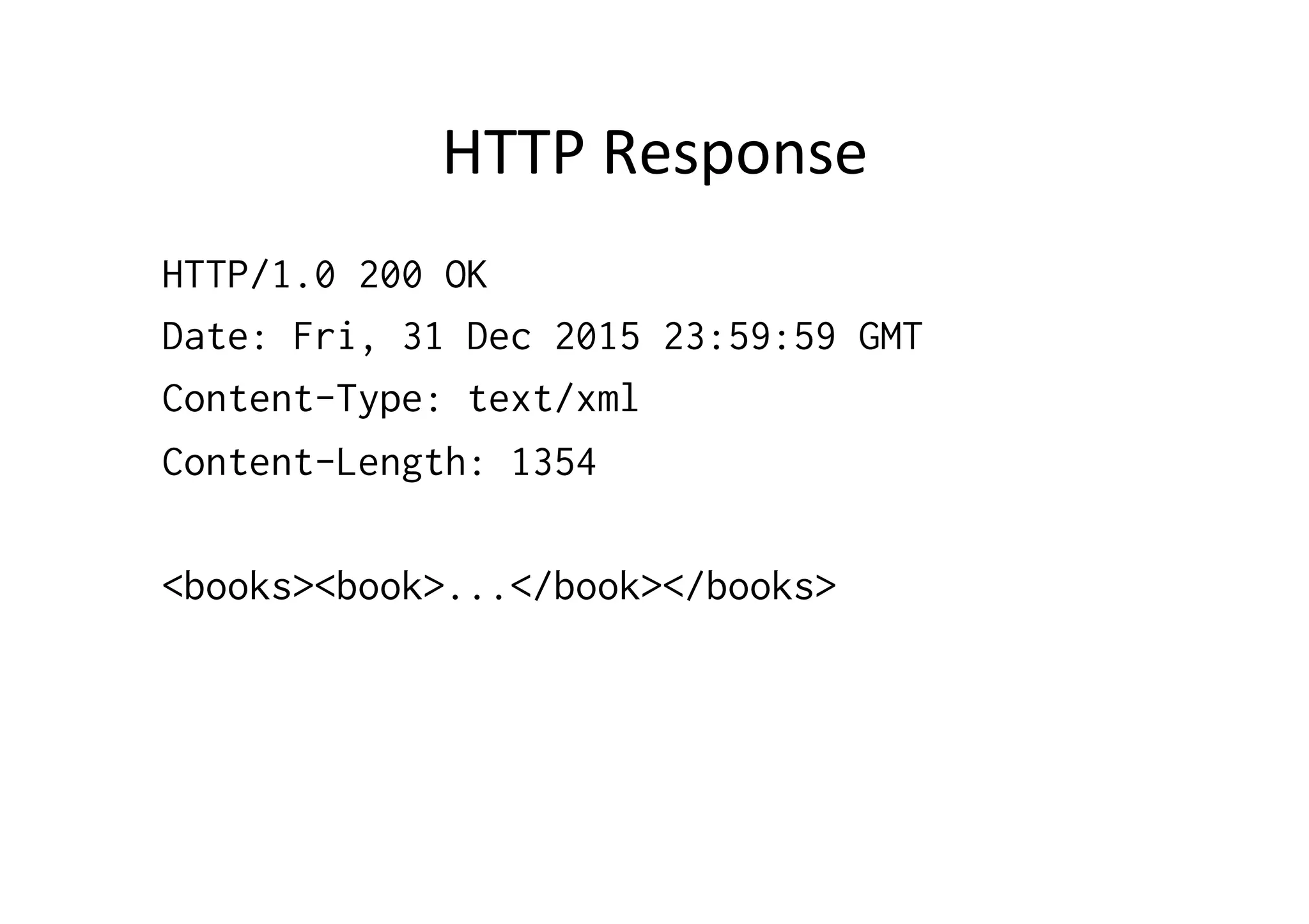 HTTP	
  Response	
  
HTTP/1.0 200 OK
Date: Fri, 31 Dec 2015 23:59:59 GMT
Content-Type: text/xml
Content-Length: 1354
<books><book>...</book></books>
 