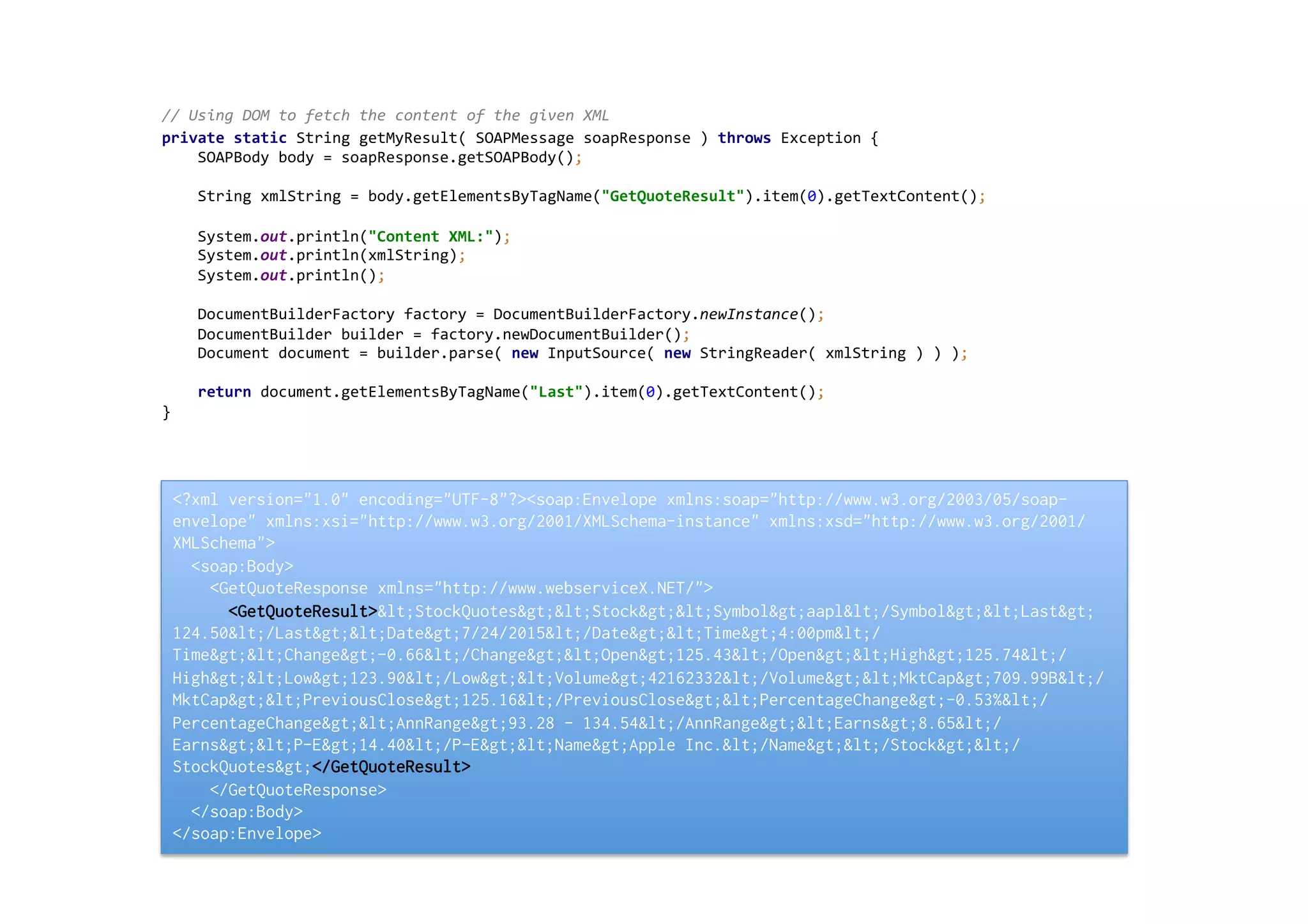 //	
  Using	
  DOM	
  to	
  fetch	
  the	
  content	
  of	
  the	
  given	
  XML	
  
private	
  static	
  String	
  getMyResult(	
  SOAPMessage	
  soapResponse	
  )	
  throws	
  Exception	
  {	
  
	
  	
  	
  	
  SOAPBody	
  body	
  =	
  soapResponse.getSOAPBody();	
  
	
  
	
  	
  	
  	
  String	
  xmlString	
  =	
  body.getElementsByTagName("GetQuoteResult").item(0).getTextContent();	
  
	
  
	
  	
  	
  	
  System.out.println("Content	
  XML:");	
  
	
  	
  	
  	
  System.out.println(xmlString);	
  
	
  	
  	
  	
  System.out.println();	
  
	
  
	
  	
  	
  	
  DocumentBuilderFactory	
  factory	
  =	
  DocumentBuilderFactory.newInstance();	
  
	
  	
  	
  	
  DocumentBuilder	
  builder	
  =	
  factory.newDocumentBuilder();	
  
	
  	
  	
  	
  Document	
  document	
  =	
  builder.parse(	
  new	
  InputSource(	
  new	
  StringReader(	
  xmlString	
  )	
  )	
  );	
  
	
  
	
  	
  	
  	
  return	
  document.getElementsByTagName("Last").item(0).getTextContent();	
  
}	
  
	
  
<?xml version="1.0" encoding="UTF-8"?><soap:Envelope xmlns:soap="http://www.w3.org/2003/05/soap-
envelope" xmlns:xsi="http://www.w3.org/2001/XMLSchema-instance" xmlns:xsd="http://www.w3.org/2001/
XMLSchema">
<soap:Body>
<GetQuoteResponse xmlns="http://www.webserviceX.NET/">
<GetQuoteResult>&lt;StockQuotes&gt;&lt;Stock&gt;&lt;Symbol&gt;aapl&lt;/Symbol&gt;&lt;Last&gt;
124.50&lt;/Last&gt;&lt;Date&gt;7/24/2015&lt;/Date&gt;&lt;Time&gt;4:00pm&lt;/
Time&gt;&lt;Change&gt;-0.66&lt;/Change&gt;&lt;Open&gt;125.43&lt;/Open&gt;&lt;High&gt;125.74&lt;/
High&gt;&lt;Low&gt;123.90&lt;/Low&gt;&lt;Volume&gt;42162332&lt;/Volume&gt;&lt;MktCap&gt;709.99B&lt;/
MktCap&gt;&lt;PreviousClose&gt;125.16&lt;/PreviousClose&gt;&lt;PercentageChange&gt;-0.53%&lt;/
PercentageChange&gt;&lt;AnnRange&gt;93.28 - 134.54&lt;/AnnRange&gt;&lt;Earns&gt;8.65&lt;/
Earns&gt;&lt;P-E&gt;14.40&lt;/P-E&gt;&lt;Name&gt;Apple Inc.&lt;/Name&gt;&lt;/Stock&gt;&lt;/
StockQuotes&gt;</GetQuoteResult>
</GetQuoteResponse>
</soap:Body>
</soap:Envelope>
 
