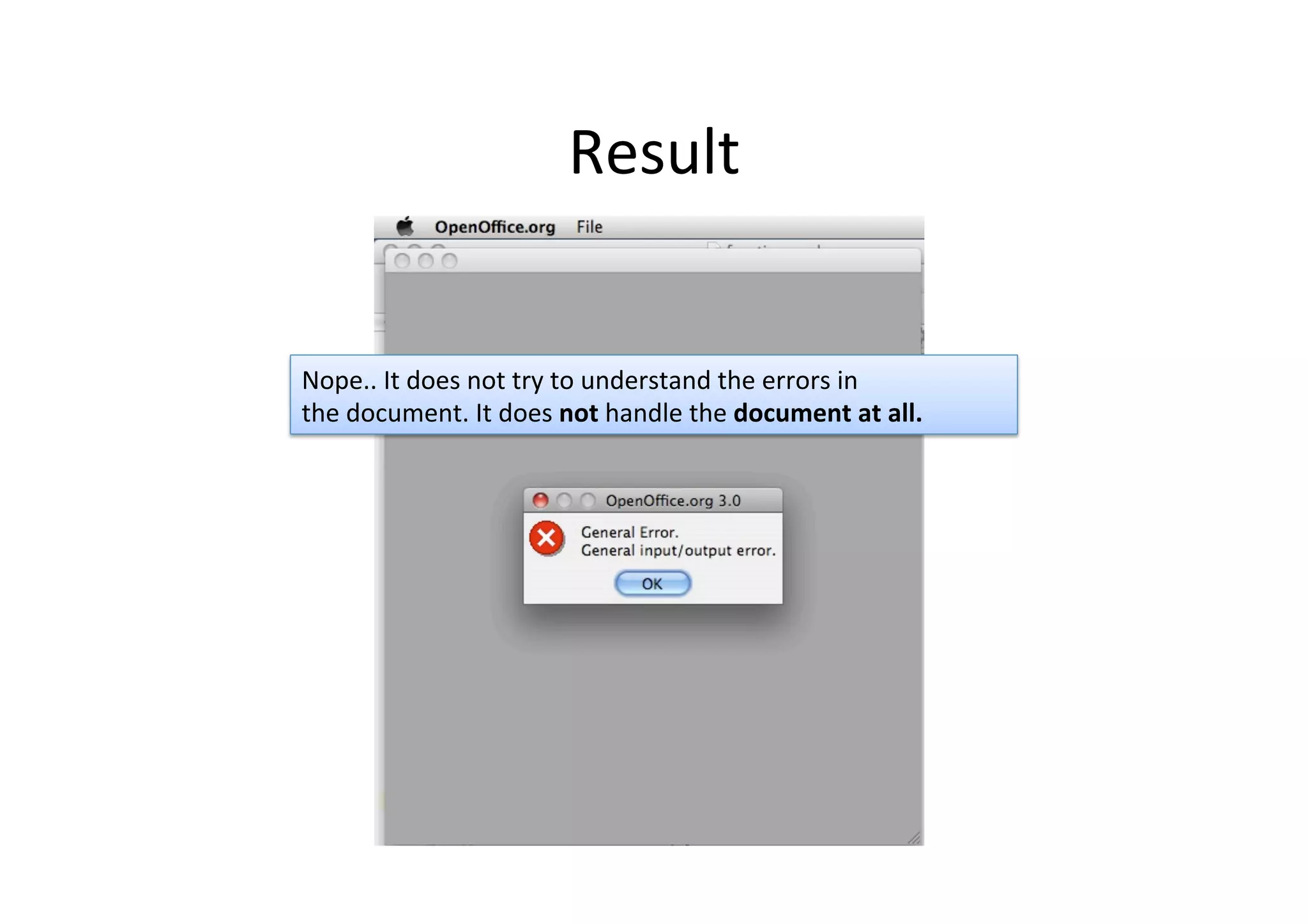 Result	
  
Nope..	
  It	
  does	
  not	
  try	
  to	
  understand	
  the	
  errors	
  in	
  
the	
  document.	
  It	
  does	
  not	
  handle	
  the	
  document	
  at	
  all.	
  
 
