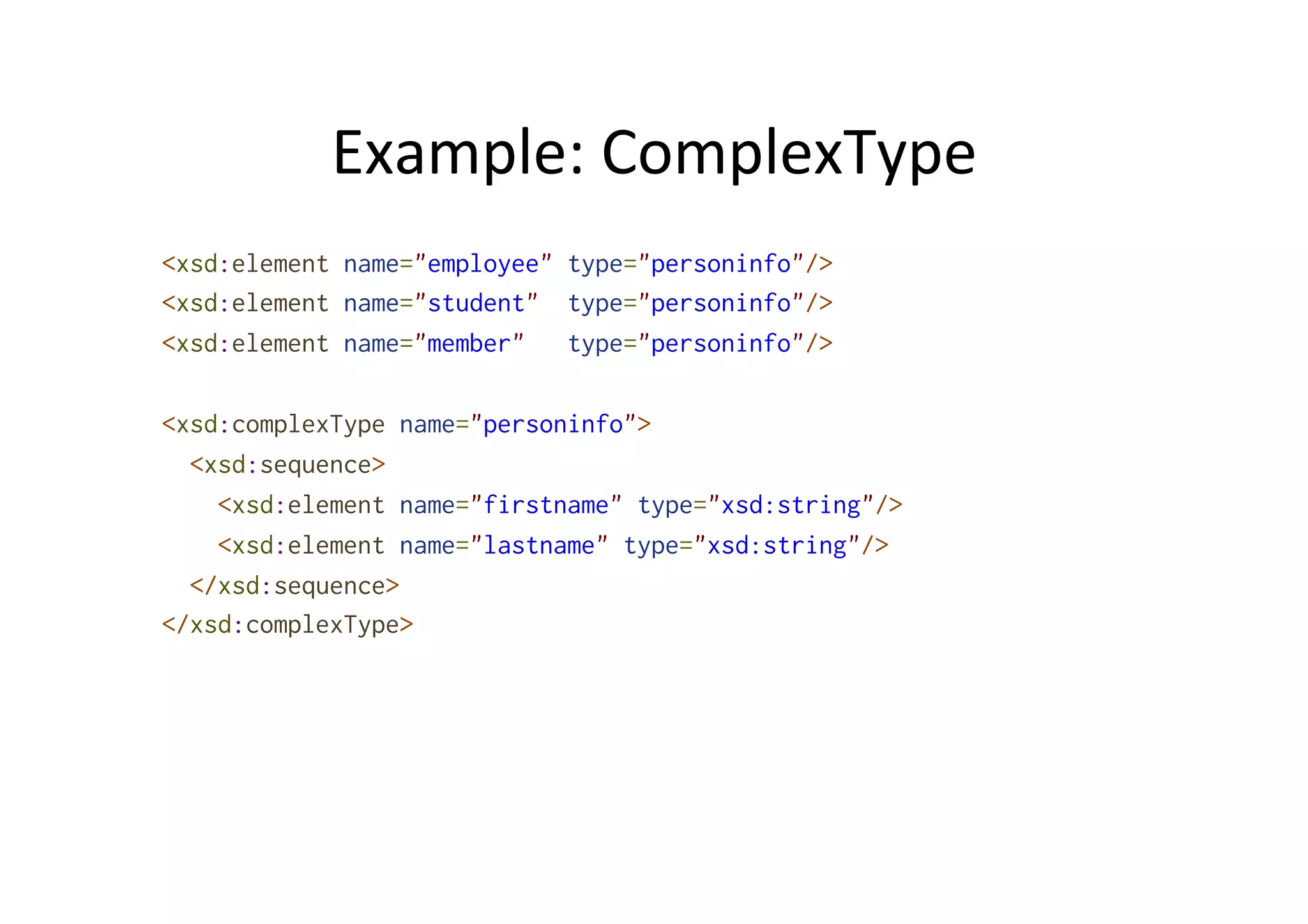 Example:	
  ComplexType	
  
<xsd:element name="employee" type="personinfo"/>
<xsd:element name="student" type="personinfo"/>
<xsd:element name="member" type="personinfo"/>
<xsd:complexType name="personinfo">
<xsd:sequence>
<xsd:element name="firstname" type="xsd:string"/>
<xsd:element name="lastname" type="xsd:string"/>
</xsd:sequence>
</xsd:complexType>
 