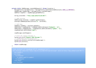 private	
  static	
  SOAPMessage	
  createSOAPRequest()	
  throws	
  Exception	
  {	
  
	
  	
  	
  	
  MessageFactory	
  messageFactory	
  =	
  MessageFactory.newInstance(SOAPConstants.SOAP_1_2_PROTOCOL);	
  
	
  	
  	
  	
  SOAPMessage	
  soapMessage	
  =	
  messageFactory.createMessage();	
  
	
  	
  	
  	
  SOAPPart	
  soapPart	
  =	
  soapMessage.getSOAPPart();	
  
	
  
	
  	
  	
  	
  String	
  serverURI	
  =	
  "http://www.webserviceX.NET/";	
  
	
  
	
  	
  	
  	
  //	
  SOAP	
  Envelope	
  
	
  	
  	
  	
  SOAPEnvelope	
  envelope	
  =	
  soapPart.getEnvelope();	
  
	
  	
  	
  	
  envelope.addNamespaceDeclaration("w",	
  serverURI);	
  
	
  
	
  	
  	
  	
  //	
  SOAP	
  Body	
  
	
  	
  	
  	
  SOAPBody	
  soapBody	
  =	
  envelope.getBody();	
  
	
  	
  	
  	
  SOAPElement	
  soapBodyElem	
  =	
  soapBody.addChildElement("GetQuote",	
  "w");	
  
	
  	
  	
  	
  SOAPElement	
  soapBodyElem1	
  =	
  soapBodyElem.addChildElement("symbol",	
  "w");	
  
	
  	
  	
  	
  soapBodyElem1.addTextNode("aapl");	
  
	
  
	
  	
  	
  	
  soapMessage.saveChanges();	
  
	
  
	
  	
  	
  	
  /*	
  Print	
  the	
  request	
  message	
  */	
  
	
  	
  	
  	
  System.out.print("Request	
  SOAP	
  Message:");	
  
	
  	
  	
  	
  //	
  soapMessage.writeTo(System.out);	
  
	
  	
  	
  	
  System.out.println(	
  prettyPrint(soapMessage)	
  );	
  
	
  	
  	
  	
  System.out.println();	
  
	
  
	
  	
  	
  	
  return	
  soapMessage;	
  
}	
  
<?xml version="1.0" encoding="UTF-8" standalone="no"?>
<env:Envelope xmlns:env="http://www.w3.org/2003/05/soap-envelope" xmlns:w="http://www.webserviceX.NET/">
<env:Header/>
<env:Body>
<w:GetQuote>
<w:symbol>aapl</w:symbol>
</w:GetQuote>
</env:Body>
</env:Envelope>
 