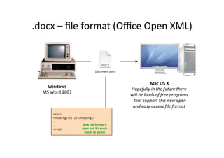 .docx	
  –	
  ﬁle	
  format	
  (Oﬃce	
  Open	
  XML)	
  
Windows	
  
MS	
  Word	
  2007	
  
	
  
Mac	
  OS	
  X	
  
Hopefully	
  in	
  the	
  future	
  there	
  
will	
  be	
  loads	
  of	
  free	
  programs	
  
	
  that	
  support	
  this	
  new	
  open	
  	
  
and	
  easy	
  access	
  ﬁle	
  format	
  
	
  <xml>
<heading1>title</heading1>
.
.
</xml>	
  
Now	
  the	
  format	
  is	
  
open	
  and	
  it's	
  much	
  
easier	
  to	
  access	
  
 