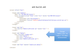 ant:	
  build.xml	
  
<project default="main">
<target name="compile">
<mkdir dir="war/WEB-INF/classes"/>
<javac includeantruntime="false" srcdir="src/" destdir="war/WEB-INF/classes">
<classpath>
<pathelement path="${classpath}"/>
<pathelement location="/path/to/glassfish4/glassfish/lib/javax.servlet-api.jar"/>
</classpath>
</javac>
</target>
<target name="war">
<jar destfile="WebServiceProvider.war" basedir="war/." />
</target>
<target name="deploy">
<exec executable="asadmin.bat">
<arg value="deploy"/>
<arg value="--force=true"/>
<arg value="WebServiceProvider.war"/>
</exec>
</target>
<target name="main" depends="compile,war,deploy"/>
</project>
Change	
  
"admin.bat"	
  to	
  
"admin"	
  if	
  in	
  Mac	
  -­‐	
  
environment	
  
 