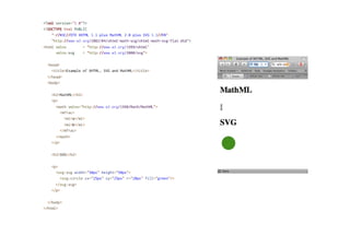 <?xml version="1.0"?>
<!DOCTYPE html PUBLIC
"-//W3C//DTD XHTML 1.1 plus MathML 2.0 plus SVG 1.1//EN"
"http://www.w3.org/2002/04/xhtml-math-svg/xhtml-math-svg-flat.dtd">
<html xmlns = "http://www.w3.org/1999/xhtml"
xmlns:svg = "http://www.w3.org/2000/svg">
<head>
<title>Example of XHTML, SVG and MathML</title>
</head>
<body>
<h2>MathML</h2>
<p>
<math xmlns="http://www.w3.org/1998/Math/MathML">
<mfrac>
<mi>a</mi>
<mi>b</mi>
</mfrac>
</math>
</p>
<h2>SVG</h2>
<p>
<svg:svg width="50px" height="50px">
<svg:circle cx="25px" cy="25px" r="20px" fill="green"/>
</svg:svg>
</p>
</body>
</html>
 