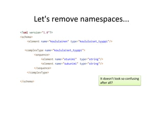 Let's	
  remove	
  namespaces...	
  
<?xml version="1.0"?>
<schema>
<element name="koululainen" type="koululaiset_tyyppi"/>
<complexType name="koululaiset_tyyppi">
<sequence>
<element name="etunimi" type="string"/>
<element name="sukunimi" type="string"/>
</sequence>
</complexType>
</schema>
It	
  doesn't	
  look	
  so	
  confusing	
  
aTer	
  all?	
  
 