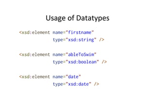Usage	
  of	
  Datatypes	
  
<xsd:element name="firstname"
type="xsd:string" />
<xsd:element name="ableToSwim"
type="xsd:boolean" />
<xsd:element name="date"
type="xsd:date" />	
  
 