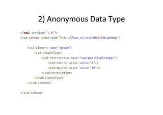 2)	
  Anonymous	
  Data	
  Type	
  
<?xml version="1.0"?>
<xsd:schema xmlns:xsd="http://www.w3.org/2001/XMLSchema">
<xsd:element name="grade">
<xsd:simpleType>
<xsd:restriction base="xsd:positiveInteger">
<xsd:minInclusive value="4"/>
<xsd:maxInclusive value="10"/>
</xsd:restriction>
</xsd:simpleType>
</xsd:element>
</xsd:schema>
 