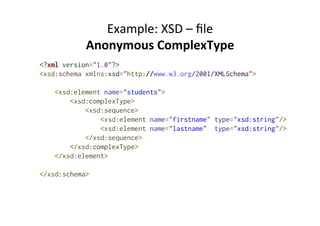 Example:	
  XSD	
  –	
  ﬁle	
  
Anonymous	
  ComplexType	
  
<?xml version="1.0"?>
<xsd:schema xmlns:xsd="http://www.w3.org/2001/XMLSchema">
<xsd:element name="students">
<xsd:complexType>
<xsd:sequence>
<xsd:element name="firstname" type="xsd:string"/>
<xsd:element name="lastname" type="xsd:string"/>
</xsd:sequence>
</xsd:complexType>
</xsd:element>
</xsd:schema>
 