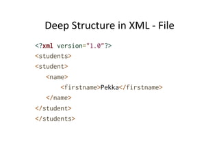 Deep	
  Structure	
  in	
  XML	
  -­‐	
  File	
  
<?xml version="1.0"?>
<students>
<student>
<name>
<firstname>Pekka</firstname>
</name>
</student>
</students>
 