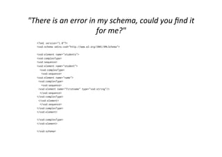 "There	
  is	
  an	
  error	
  in	
  my	
  schema,	
  could	
  you	
  ﬁnd	
  it	
  
for	
  me?"	
  
<?xml version="1.0"?>
<xsd:schema xmlns:xsd="http://www.w3.org/2001/XMLSchema">
<xsd:element name="students">
<xsd:complexType>
<xsd:sequence>
<xsd:element name="student">
<xsd:complexType>
<xsd:sequence>
<xsd:element name="name">
<xsd:complexType>
<xsd:sequence>
<xsd:element name="firstname" type="xsd:string"/>
</xsd:sequence>
</xsd:complexType>
</xsd:element>
</xsd:sequence>
</xsd:complexType>
</xsd:element>
</xsd:complexType>
</xsd:element>
</xsd:schema>
 