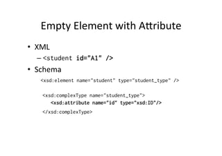 Empty	
  Element	
  with	
  Alribute	
  
•  XML	
  
– <student id="A1" />
•  Schema	
  
<xsd:element name="student" type="student_type" />
<xsd:complexType name="student_type">
<xsd:attribute name="id" type="xsd:ID"/>
</xsd:complexType>	
  
	
   	
   	
  	
  
 