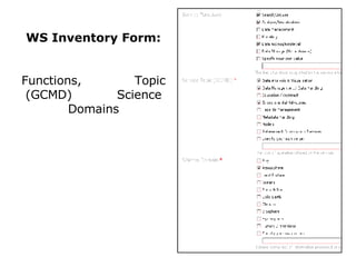WS Inventory Form: Functions,  Topic (GCMD)  Science Domains 