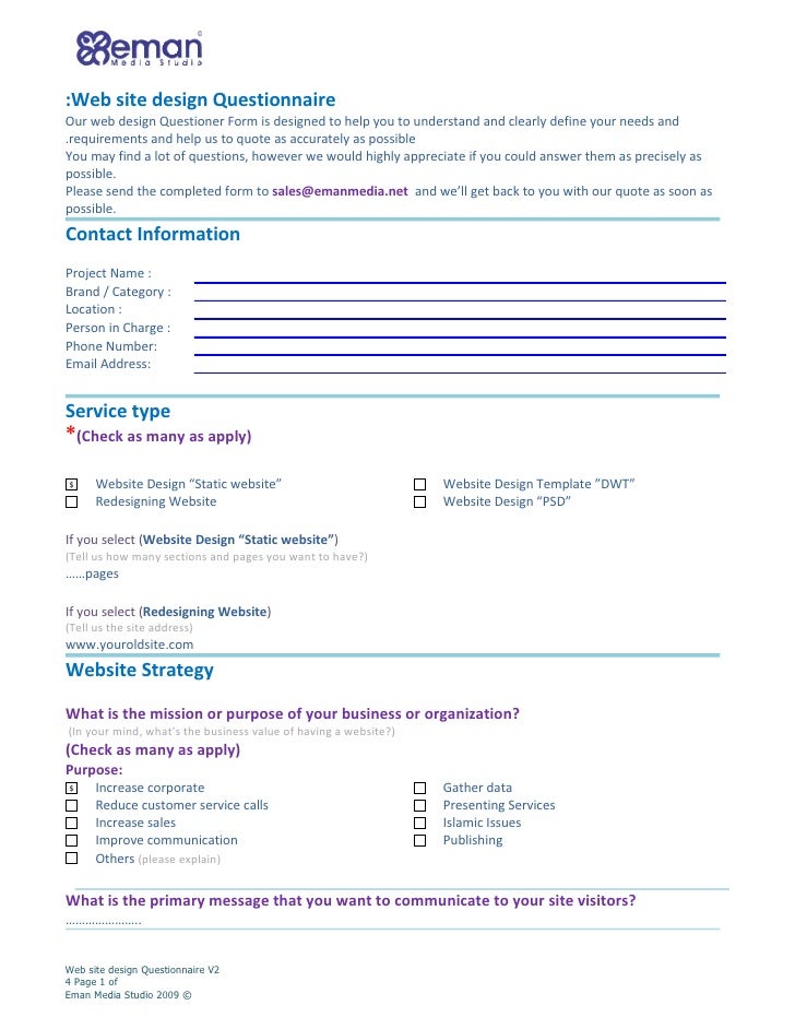 web site design questionnaire website design questionnaire template