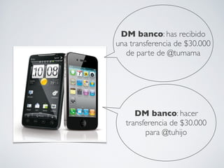 DM banco: has recibido
una transferencia de $30.000
   de parte de @tumama




     DM banco: hacer
  transferencia de $30.000
        para @tuhijo
 
