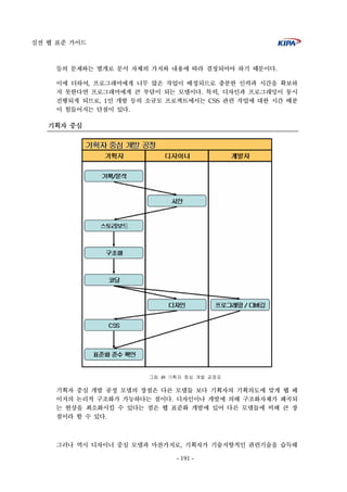 실전 웹 표준 가이드
- 191 -
등의 문제와는 별개로 문서 자체의 가치와 내용에 따라 결정되어야 하기 때문이다.
이에 더하여, 프로그래머에게 너무 많은 작업이 배정되므로 충분한 인력과 시간을 확보하
지 못한다면 프로그래머에게 큰 부담이 되는 모델이다. 특히, 디자인과 프로그래밍이 동시
진행되게 되므로, 1인 개발 등의 소규모 프로젝트에서는 CSS 관련 작업에 대한 시간 배분
이 힘들어지는 단점이 있다.
기획자 중심
그림 48 기획자 중심 개발 공정표
기획자 중심 개발 공정 모델의 장점은 다른 모델들 보다 기획자의 기획의도에 맞게 웹 페
이지의 논리적 구조화가 가능하다는 점이다. 디자인이나 개발에 의해 구조화자체가 왜곡되
는 현상을 최소화시킬 수 있다는 점은 웹 표준화 개발에 있어 다른 모델들에 비해 큰 장
점이라 할 수 있다.
그러나 역시 디자이너 중심 모델과 마찬가지로, 기획자가 기술지향적인 관련기술을 습득해
 