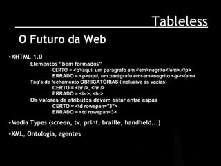 Tableless O Futuro da Web XHTML 1.0 Elementos “bem formados” CERTO =  <p>aqui, um parágrafo em <em>negrito</em>.</p> ERRADO = <p>aqui, um parágrafo em<em>negrito.</p></em> Tag’s de fechamento OBRIGATÓRIAS (inclusive as vazias) CERTO = <br />, <hr /> ERRADO = <br>, <hr> Os valores de atributos devem estar entre aspas CERTO = <td rowspan="3"> ERRADO = <td rowspan=3>   Media Types (screen, tv, print, braille, handheld...) XML, Ontologia, agentes 