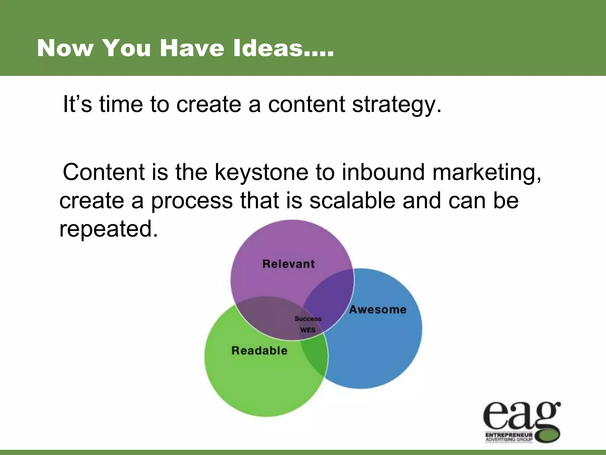 Now You Have Ideas….

 It’s time to create a content strategy.

 Content is the keystone to inbound marketing,
 create a process that is scalable and can be
 repeated.
 