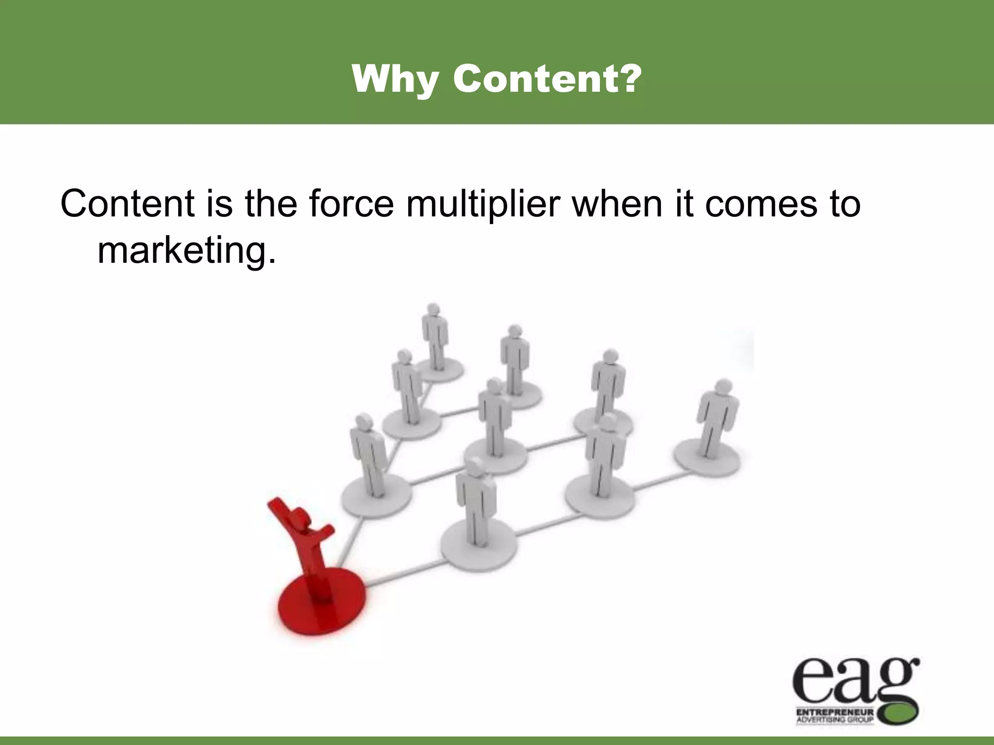 Why Content?


Content is the force multiplier when it comes to
 marketing.
 