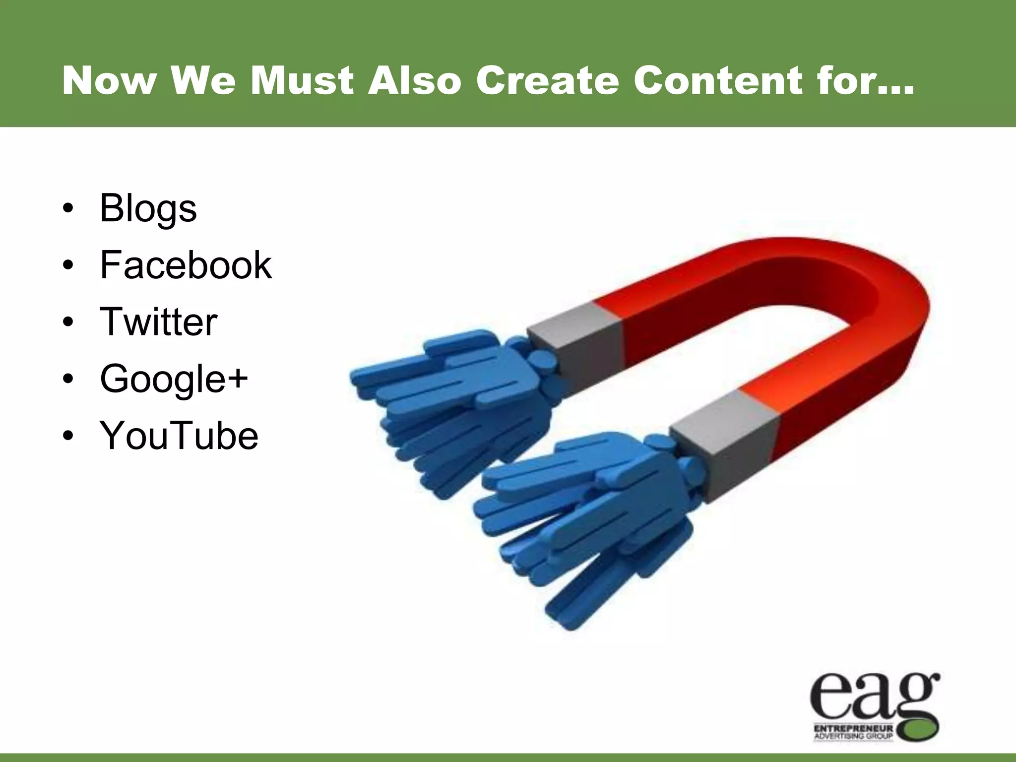 Now We Must Also Create Content for…


•   Blogs
•   Facebook
•   Twitter
•   Google+
•   YouTube
 