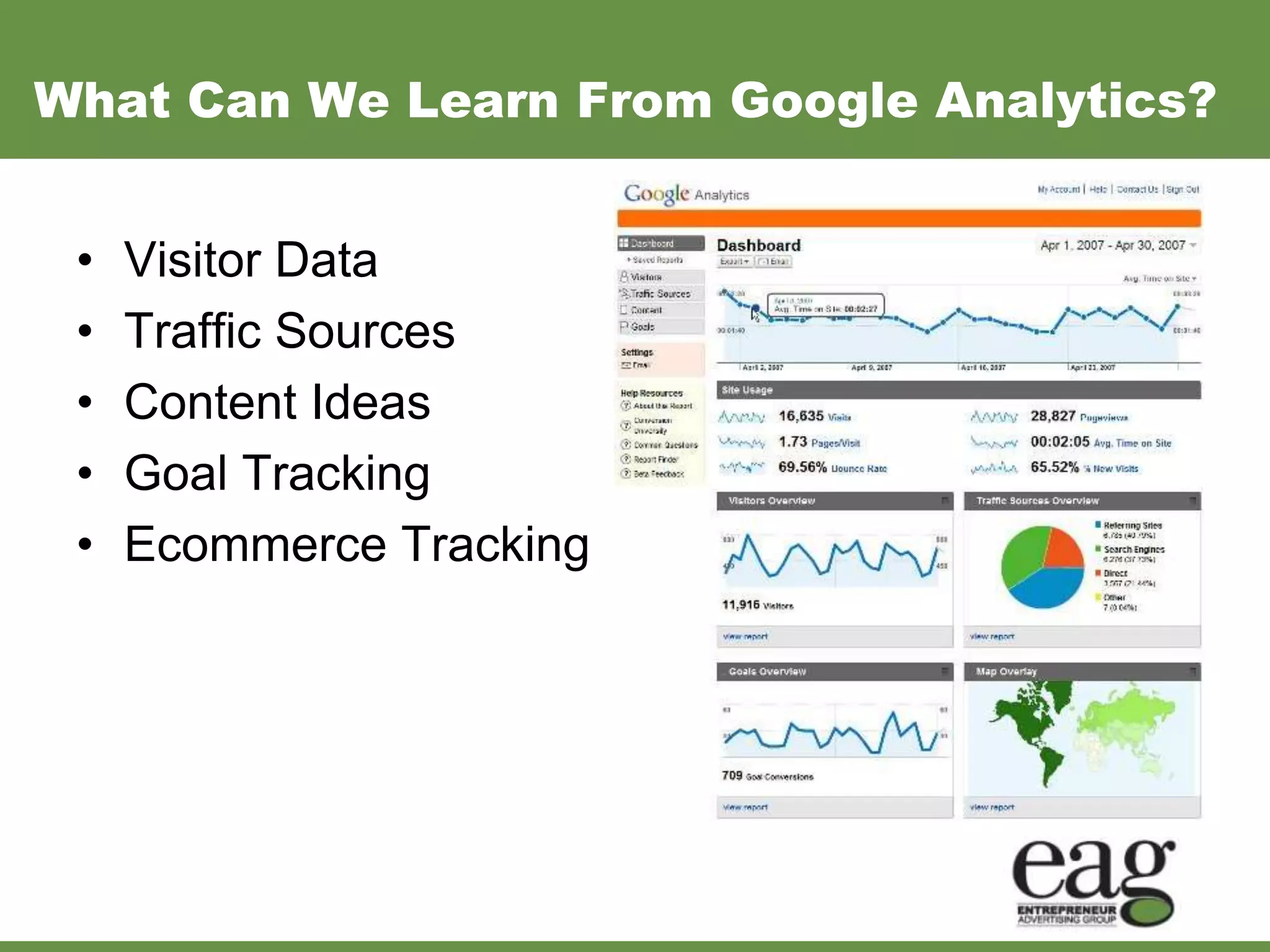 What Can We Learn From Google Analytics?


 •   Visitor Data
 •   Traffic Sources
 •   Content Ideas
 •   Goal Tracking
 •   Ecommerce Tracking
 