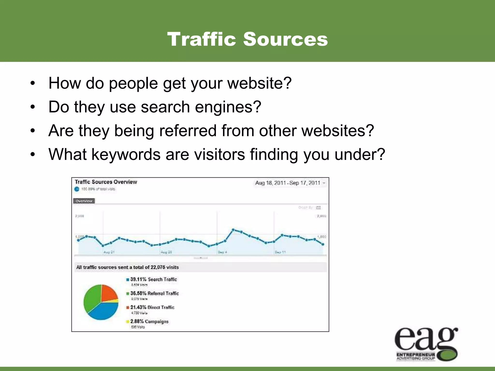 Traffic Sources

•   How do people get your website?
•   Do they use search engines?
•   Are they being referred from other websites?
•   What keywords are visitors finding you under?
 