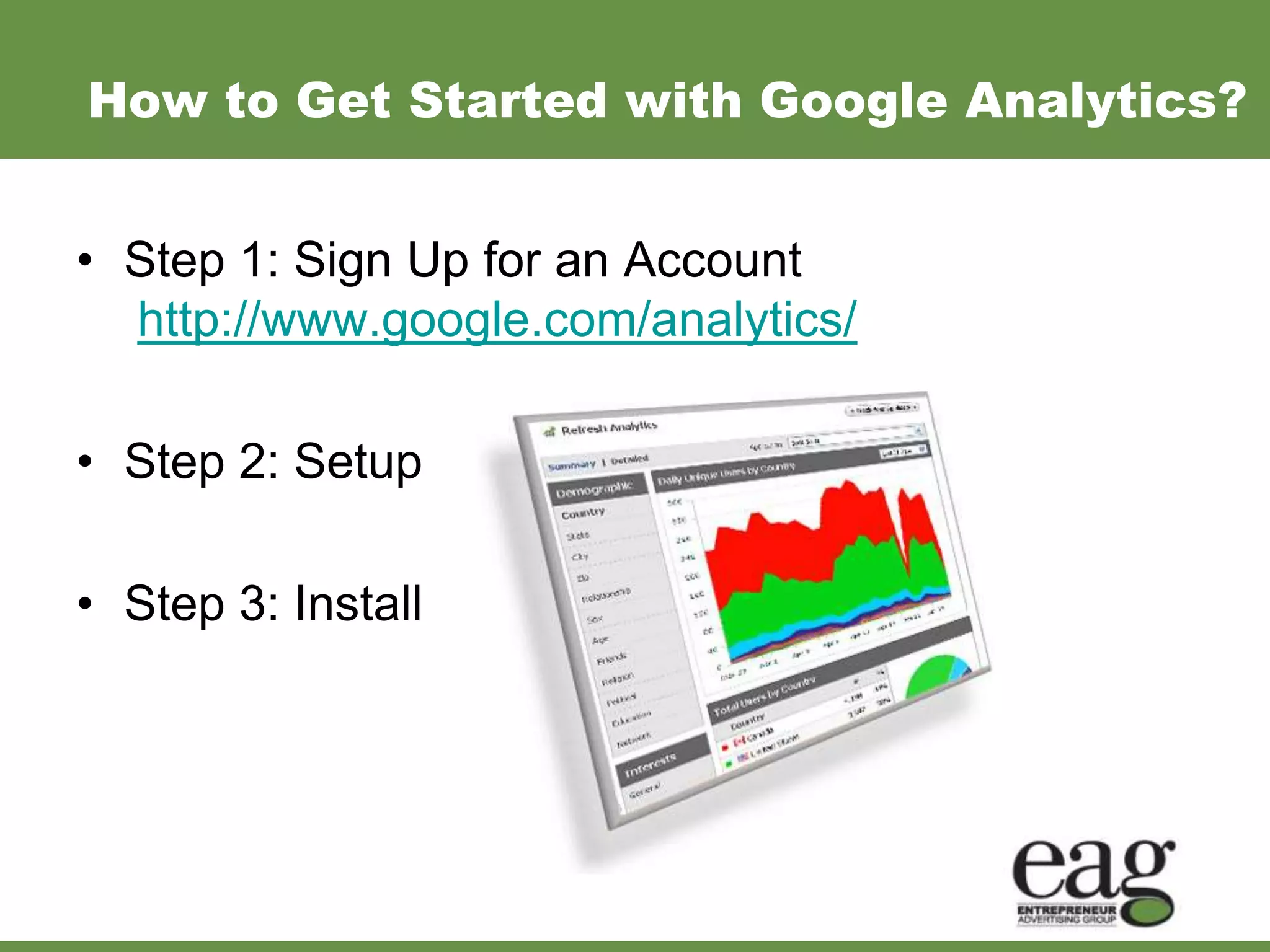 How to Get Started with Google Analytics?


• Step 1: Sign Up for an Account
  http://www.google.com/analytics/

• Step 2: Setup

• Step 3: Install
 