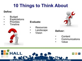 10 Things to Think About Define: Budget Expectations Priorities Timeline Evaluate: Resources Landscape  Vision Deliver: Content Communications Value 