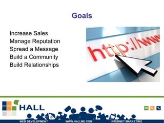 Goals Increase Sales Manage Reputation Spread a Message Build a Community Build Relationships 