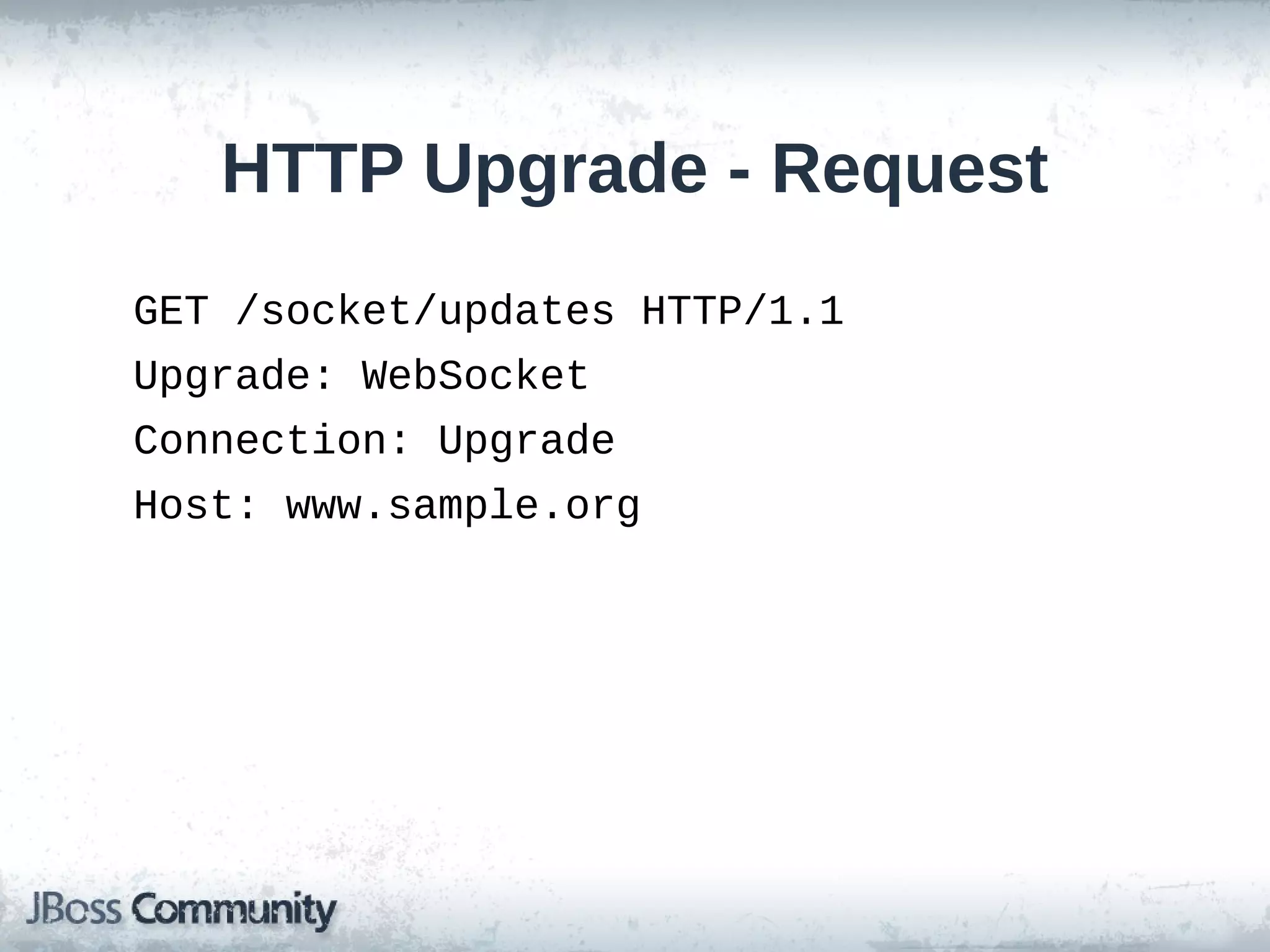 HTTP Upgrade - Request
GET /socket/updates HTTP/1.1
Upgrade: WebSocket
Connection: Upgrade
Host: www.sample.org

 