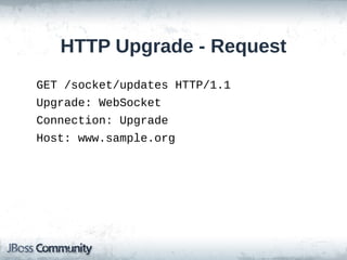 HTTP Upgrade - Request
GET /socket/updates HTTP/1.1
Upgrade: WebSocket
Connection: Upgrade
Host: www.sample.org

 