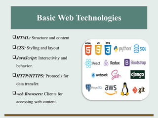 Basic Web Technologies
HTML: Structure and content
CSS: Styling and layout
JavaScript: Interactivity and
behavior.
HTTP/HTTPS: Protocols for
data transfer.
web Browsers: Clients for
accessing web content.
 