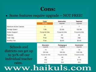 Cons: Some features require upgrade – NOT FREE! Schools and districts can get up to 30% off our individual teacher rates.  