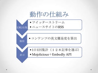 動作の仕組み
URL収集

解析

表示

• ツイッターストリーム
• ニュースサイトのRSS
• コンテンツの英文難易度を算出

• 1日1回集計（１２８記事を選ぶ）
• Mojolicious＋Embedly API

 