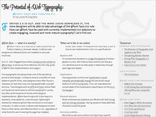 Beautiful Web Typography




       . Typekit, Fontdeck, Kernetst, et al.
             Generally foundry initiatives that...