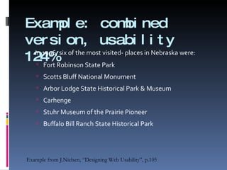Example: combined version, usability 124% In 1996, six of the most visited- places in Nebraska were: Fort Robinson State Park Scotts Bluff National Monument Arbor Lodge State Historical Park & Museum Carhenge Stuhr Museum of the Prairie Pioneer Buffalo Bill Ranch State Historical Park Example from J.Nielsen, “Designing Web Usability”, p.105 
