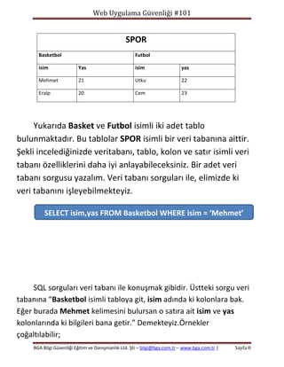 Web Uygulama Güvenliği #101

SPOR
Basketbol

Futbol

isim

Yas

isim

yas

Mehmet

21

Utku

22

Eralp

20

Cem

23

Yukarıda Basket ve Futbol isimli iki adet tablo
bulunmaktadır. Bu tablolar SPOR isimli bir veri tabanına aittir.
Şekli incelediğinizde veritabanı, tablo, kolon ve satır isimli veri
tabanı özelliklerini daha iyi anlayabileceksiniz. Bir adet veri
tabanı sorgusu yazalım. Veri tabanı sorguları ile, elimizde ki
veri tabanını işleyebilmekteyiz.
SELECT isim,yas FROM Basketbol WHERE isim = ‘Mehmet’

SQL sorguları veri tabanı ile konuşmak gibidir. Üstteki sorgu veri
tabanına “Basketbol isimli tabloya git, isim adında ki kolonlara bak.
Eğer burada Mehmet kelimesini bulursan o satıra ait isim ve yas
kolonlarında ki bilgileri bana getir.” Demekteyiz.Örnekler
çoğaltılabilir;
BGA Bilgi Güvenliği Eğitim ve Danışmanlık Ltd. Şti – bilgi@bga.com.tr – www.bga.com.tr |

Sayfa 8

 
